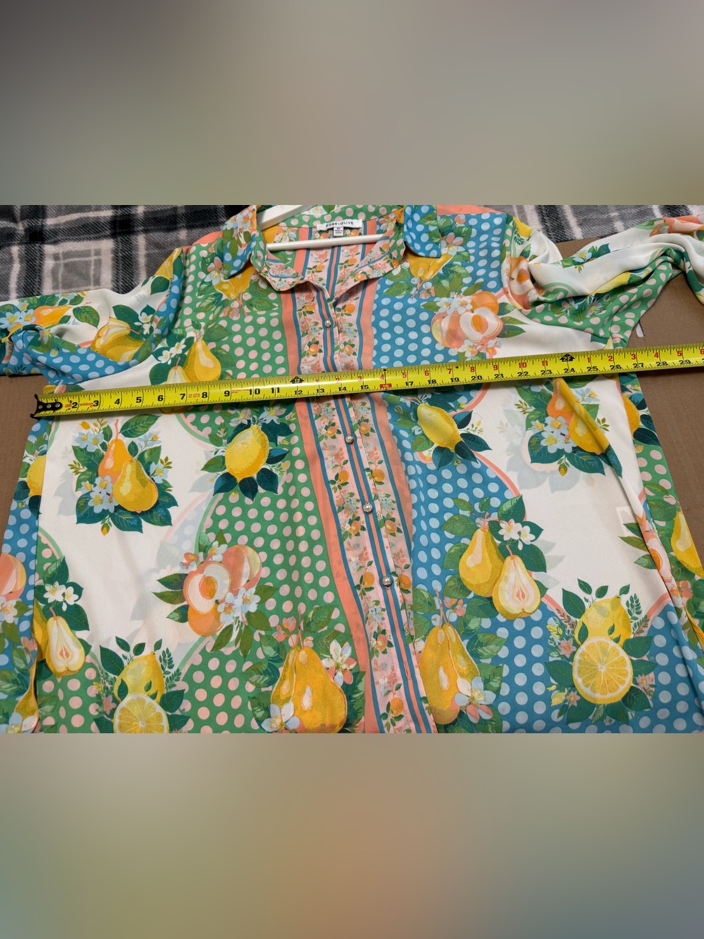 Rose & Olive Lemon Fruit Floral Pearl Button-Front Blouse Patchwork 3/4 Sleeves - Picture 7 of 8